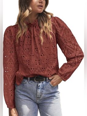 NWT Pretty Garden eyelet long sleeve blouse sz medium Rust Boho Peasant Prairie